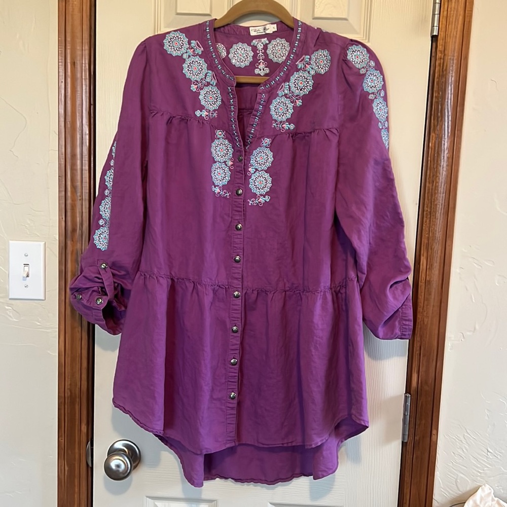 TASHA POLIZZI Purple Embroidered Button Front Blouse, XL